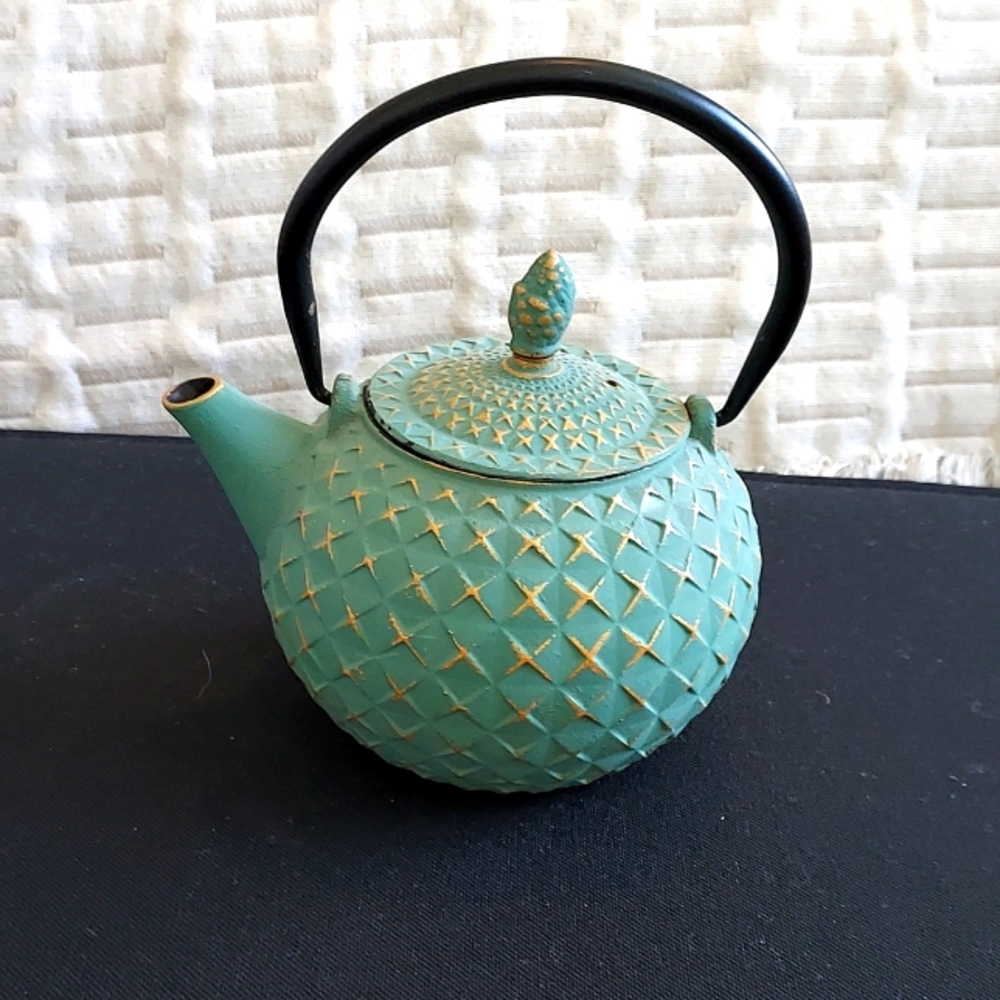 Green and Gold Cast Iron Teapot
